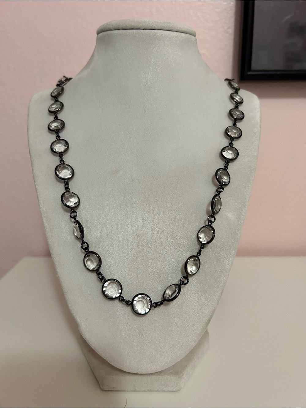 Clear Crystal Station Necklace in Black Setting